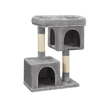 Kattenkrabpaal met 2 holen, hoge toren, sisal, lichtgrijs, 60 x 40 x 84 cm