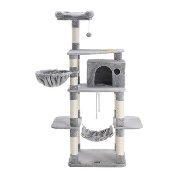 Kattenboom met voerbak, sisal, 2 huisjes, mand, CARB-spaanplaat, lichtgrijs, 90 x 50 x 164 cm