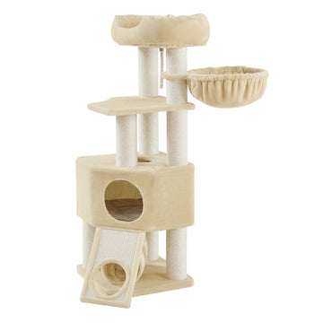 Grote krabpaal voor katten met kattenhuisje | Beige | 50x50x141 cm