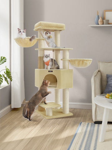 Kattenkrabpaal met warme dekens en kattenhuis | Sandbeige-Beige | 50x50x160 cm