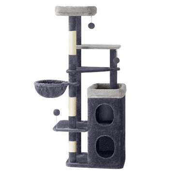 Hoge kattenboom met meerdere niveaus, holen en ligmand | Donkergrijs | 46x52x150 cm