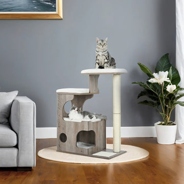 Hoge kattenkrabpaal met kattenhuis en platforms | Greige-wit | 40x66x86 cm