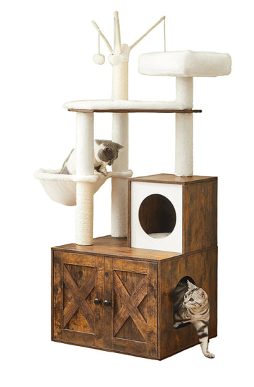 2-in-1 kattenboom - krabpaal met kattenhuis - 57,5 x 50 x 140 cm - bruin