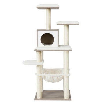 Kattenkrabpaal met kattenhuis en hangmat | Greige | 45x55x138 cm