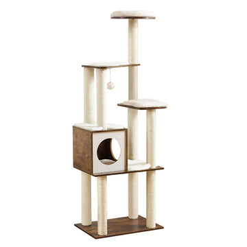 Kattenkrabpaal met kattenhuis, 5 krabpalen en platform | Vintagebruin | 58x40x165 cm