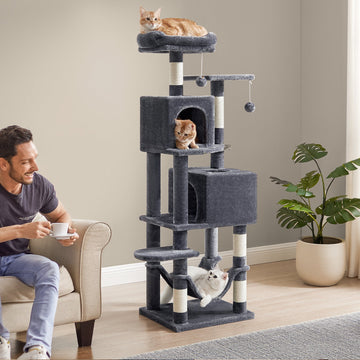 Katten krabpaal - rookgrijs - speelcentrum - pluche/sisal - 49 x 40 x 155 cm