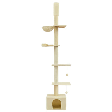 Kattenkrabpaal, in hoogte verstelbaar, met meerdere niveaus en grot | Beige | 45x30x231-291 cm