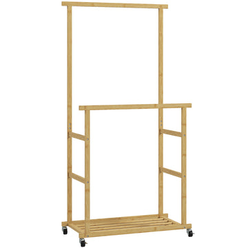 Bamboe kledingrek op wielen met schoenenrek | Kleur: Naturel | Afmetingen: 80x40x160 cm