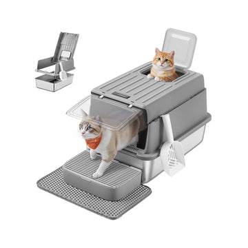 RVS kattenbak met deksel en accessoires | Duifgrijs | 40x60x38 cm