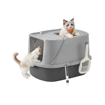 Gesloten kattenbak met schep en borstel | Duifgrijs-leigrijs | 43,6x57x38,2 cm