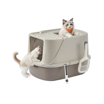 Kattenbak met deksel voor katten tot 15 kg | Havermoutkleurig warmgrijs | 43,6x57x38,2 cm