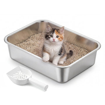 Open kattenbak van roestvrij staal met schep | Zilver | 40x30x10 cm