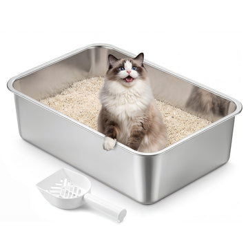 Kattenbak van roestvrij staal met schep | Zilver | 50x35x15 cm