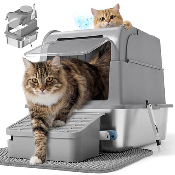 RVS kattenbak met deksel en accessoires | Duifgrijs | 41x61x46 cm