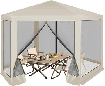 Zeshoekig tuinpaviljoen met muskietennet | Beige | 380x330x328 cm