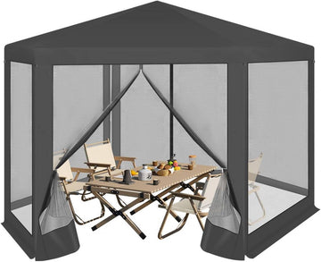 Zeshoekige partytent met muskietennet | Grijs | 380x330x328 cm