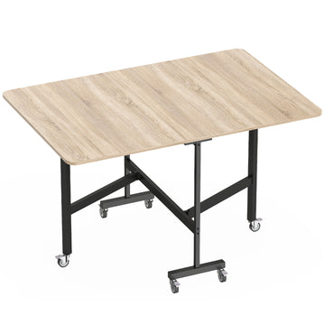Opklapbare eettafel met 6 wielen en remmen | Kleur: Eiken | Afmetingen: 120x80x73 cm