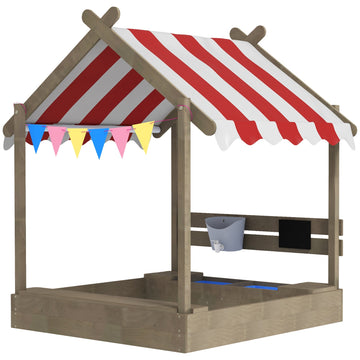 Houten zandbak met dak voor kinderen | Kleur: Rood, Bruin | Afmetingen: 116x124x146 cm