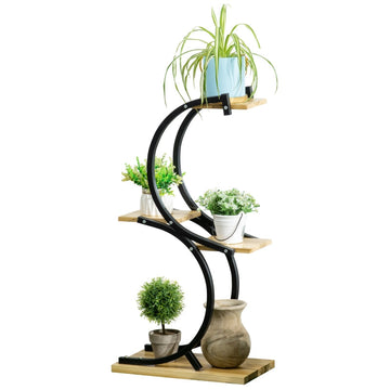 Plantenstandaard 4 niveaus | Kleur: Zwart+Natuurlijk | Afmetingen: 46x25x91 cm