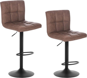 Set van 2 barkrukken met rugleuning van kunstleer antieklederlook | Donkerbruin | 44x38x92-114 cm