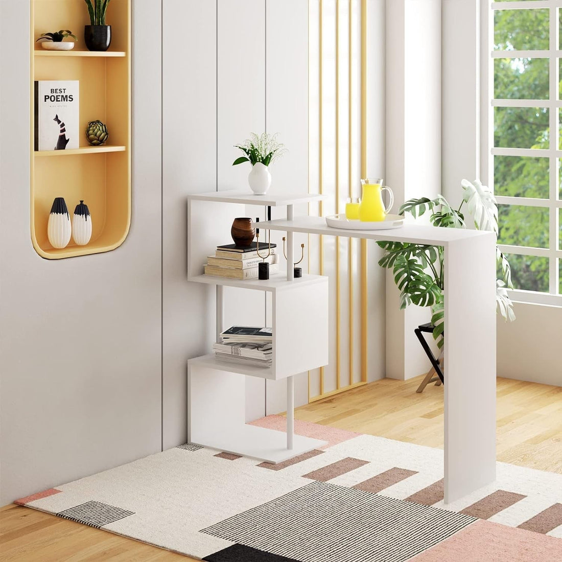 Vridbart barbord med 3 hyllor | Vit | 134x38x112 cm