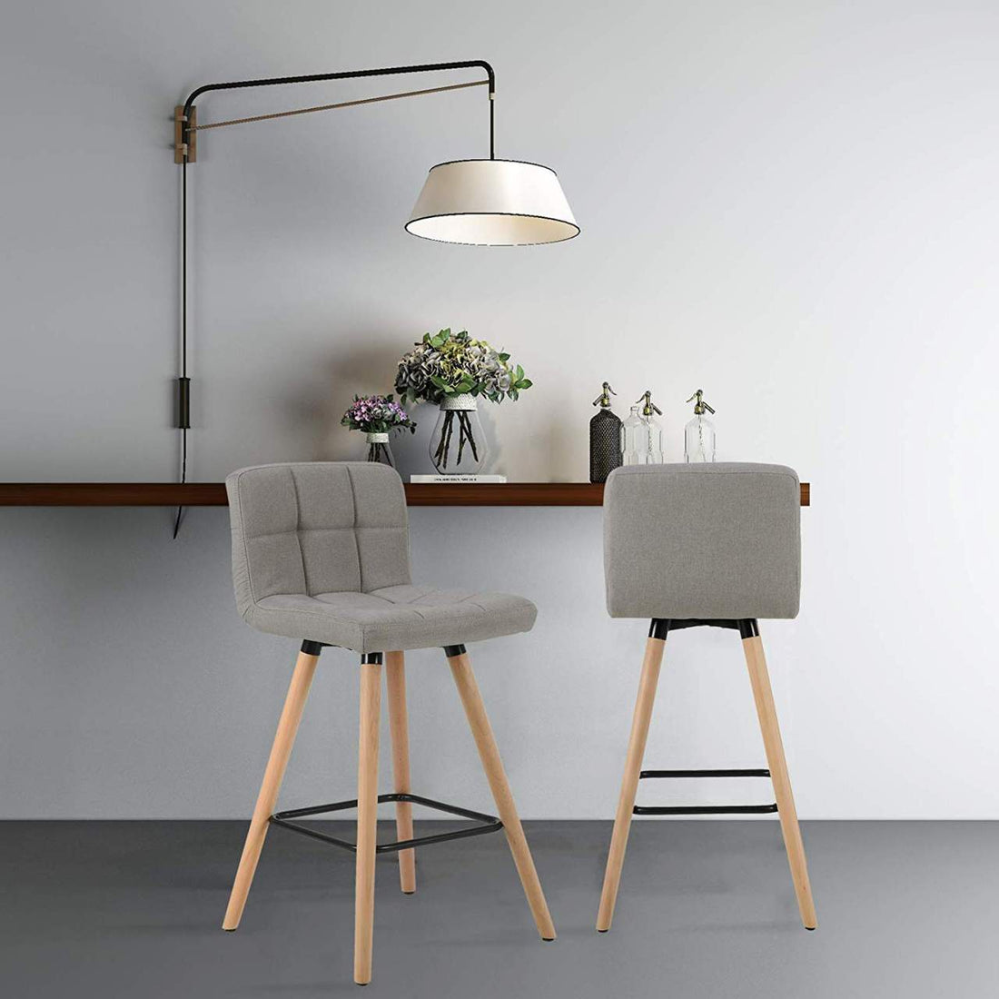 2 Barhocker mit Rückenlehne und Fußstütze | Massivholz Leinen | Hellgrau | 40x36x96 cm