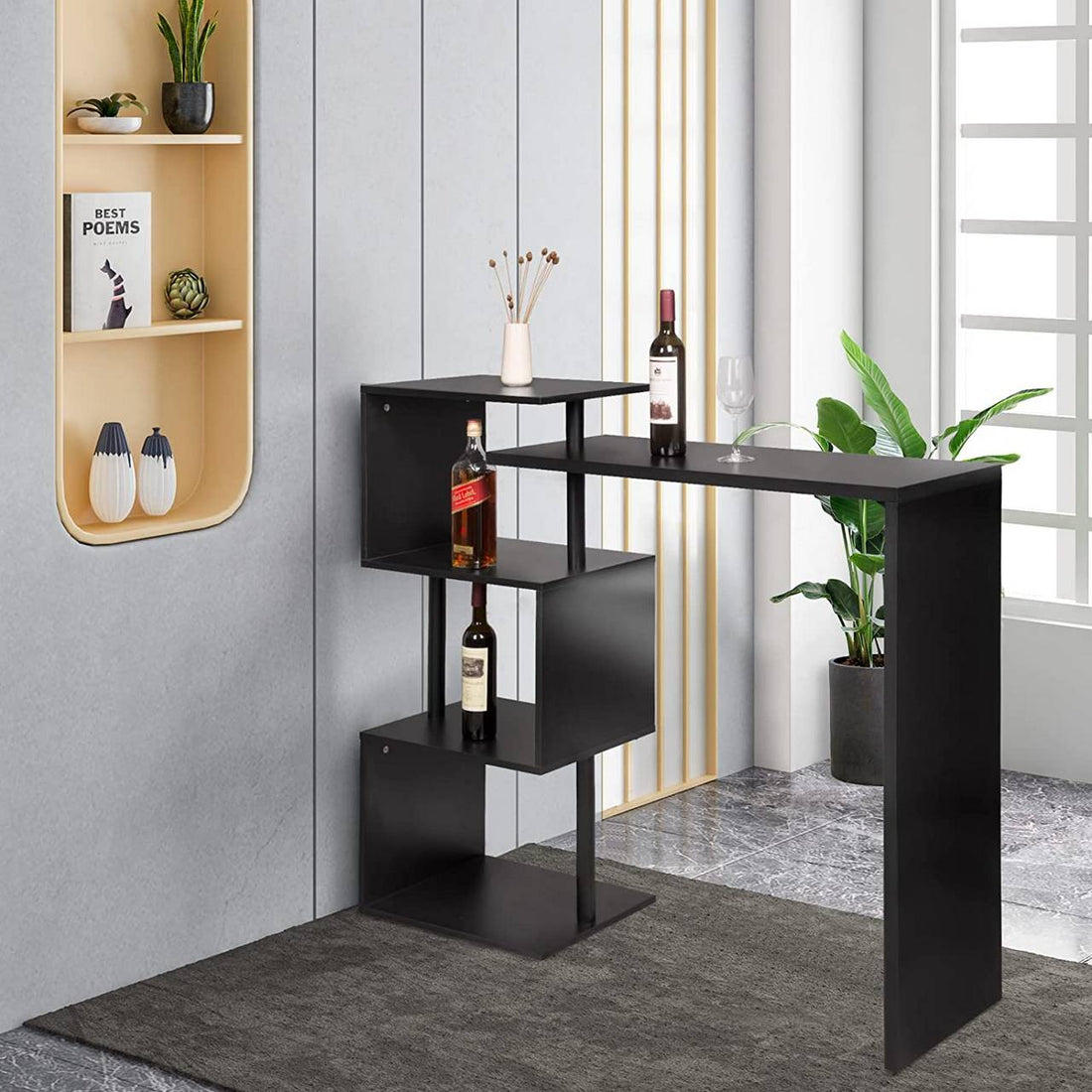 Roterande barbord med 3 öppna fack | Svart | 134x38x112 cm