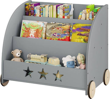 Kinderboekenrek met wielen | Wit en grijs | 62x42x57 cm