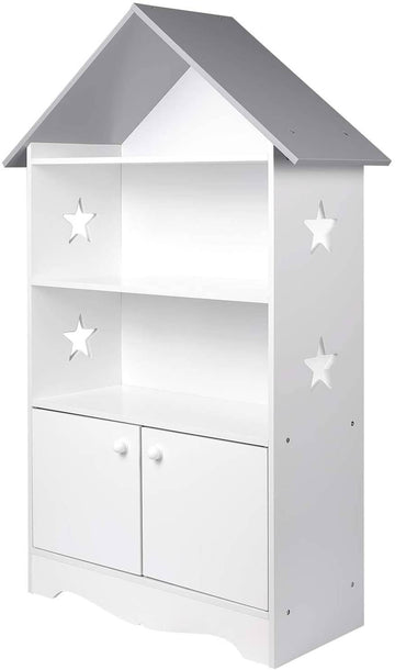 Kinderboekenkast met deuren en sterren | Wit-grijs | 28,3x62x115 cm