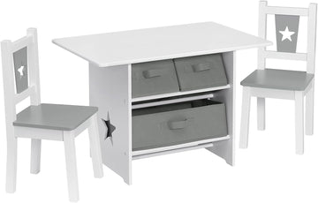 Kindertafel met 2 stoelen en 3 opbergmanden | Wit + Grijs | 72x49x50 cm