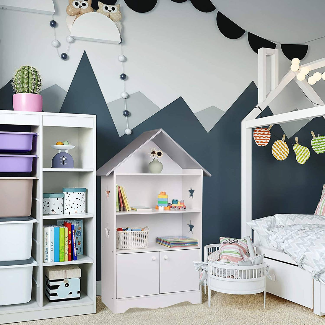 Kinderbücherregal mit Türen und Sternen | Weiß-grau | 28,3x62x115 cm
