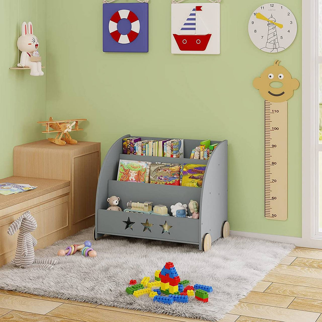 Kinderbücherregal mit Rollen | Weiß und Grau | 62x42x57 cm