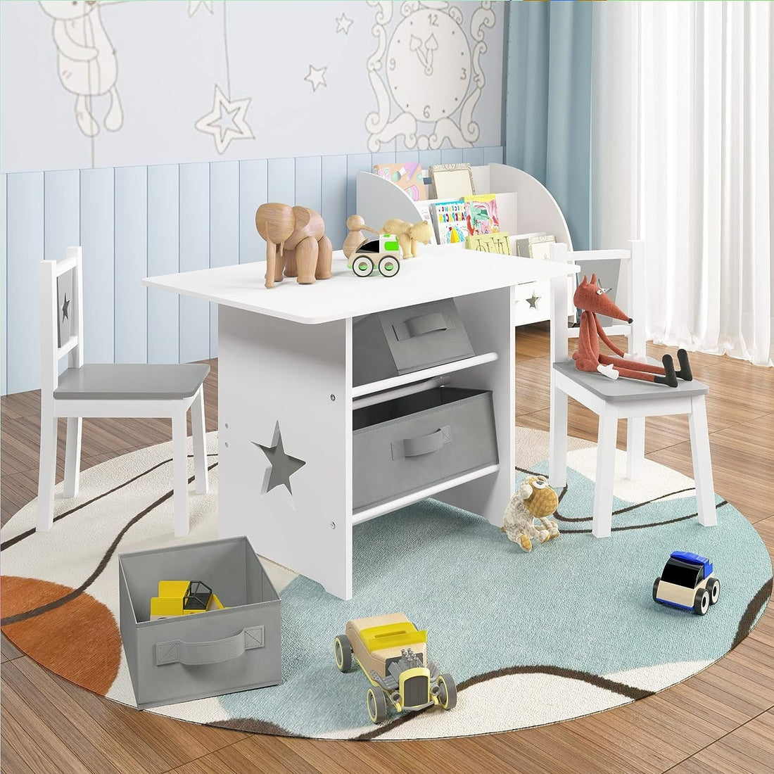 Kindertafel met 2 stoelen en 3 opbergmanden | Wit + Grijs | 72x49x50 cm