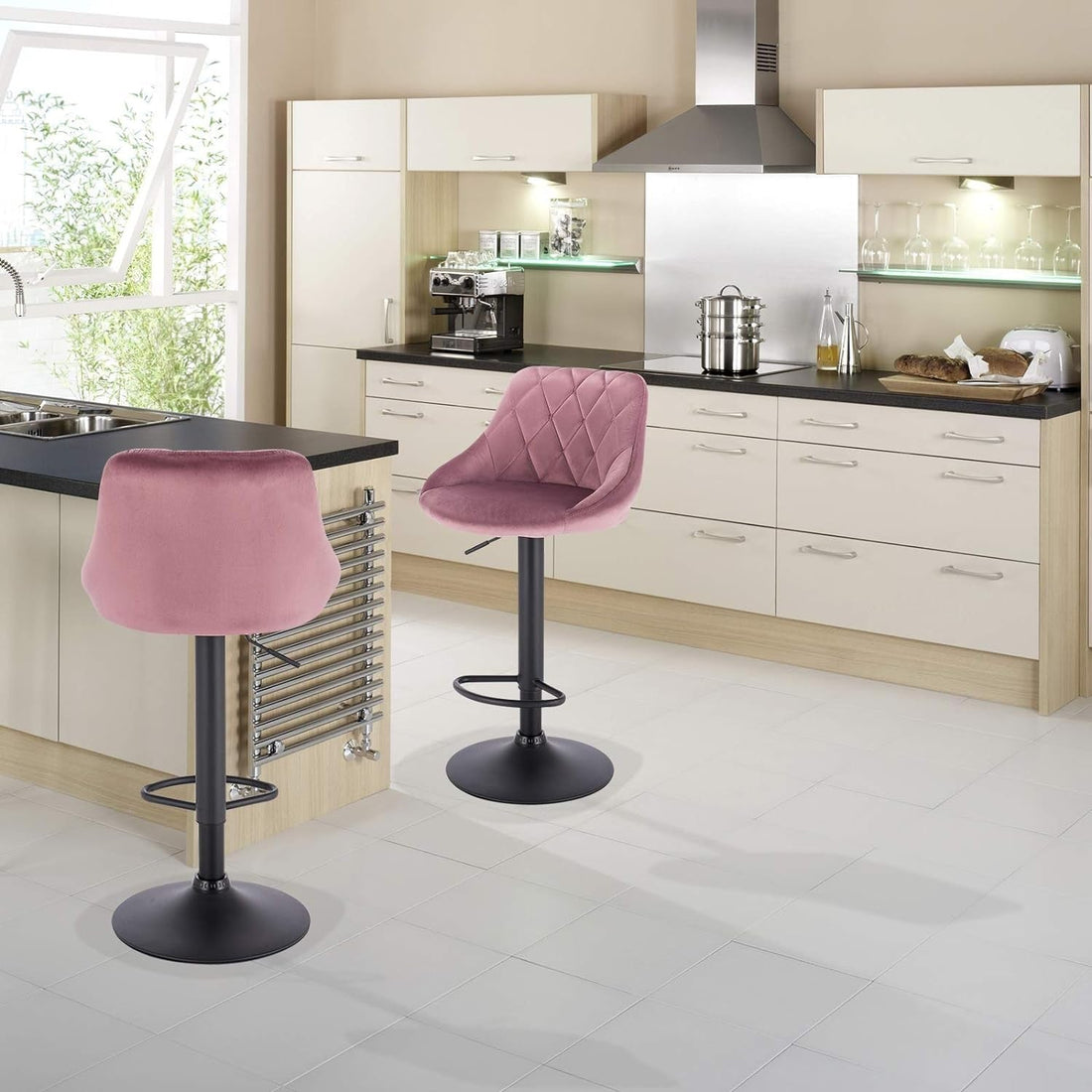 Justerbar barstol med ryggstöd och sammetssits | Rosa | 35x38x86-106 cm