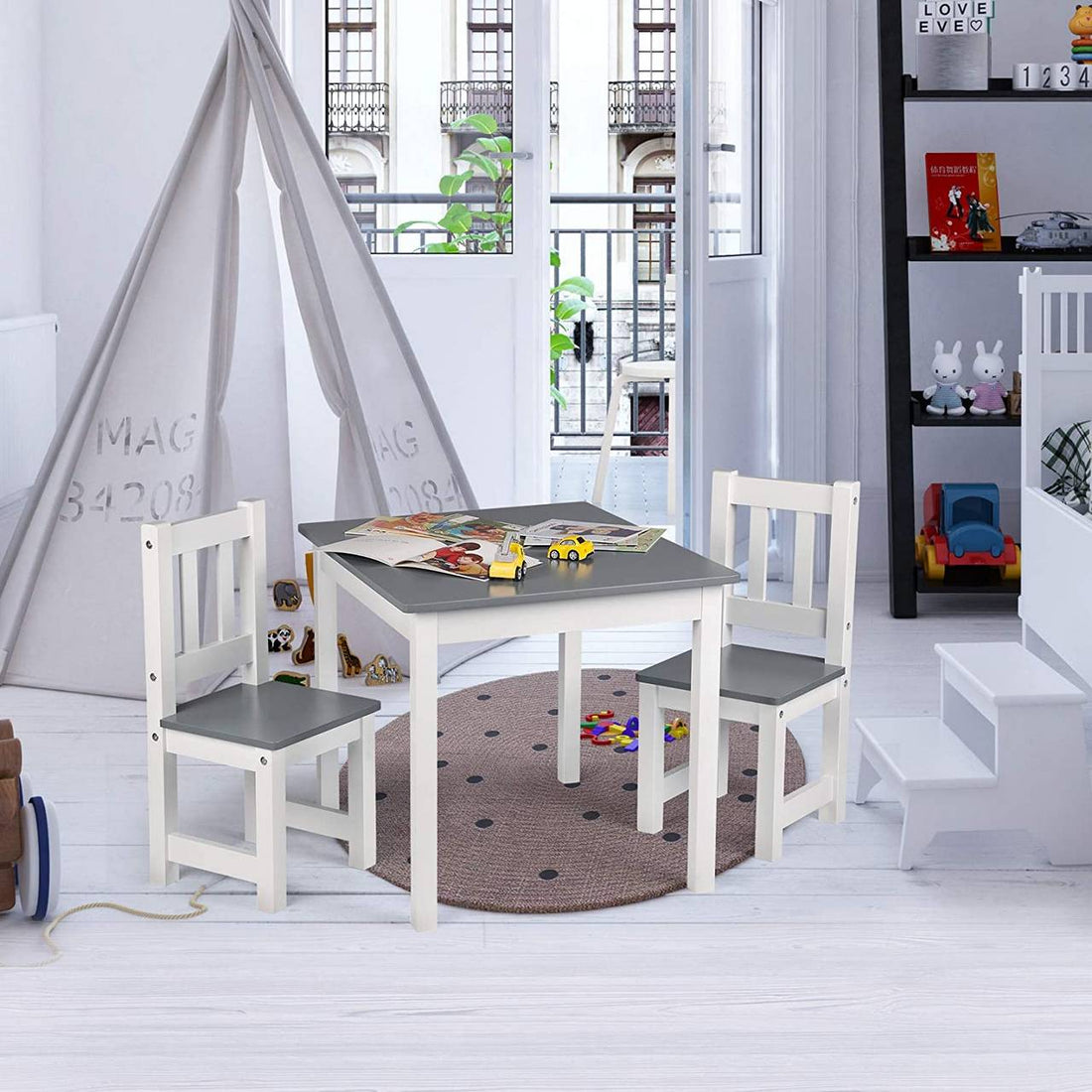 Kindertafel met 2 stoelen | Wit-grijs | 60x50x48,5 cm
