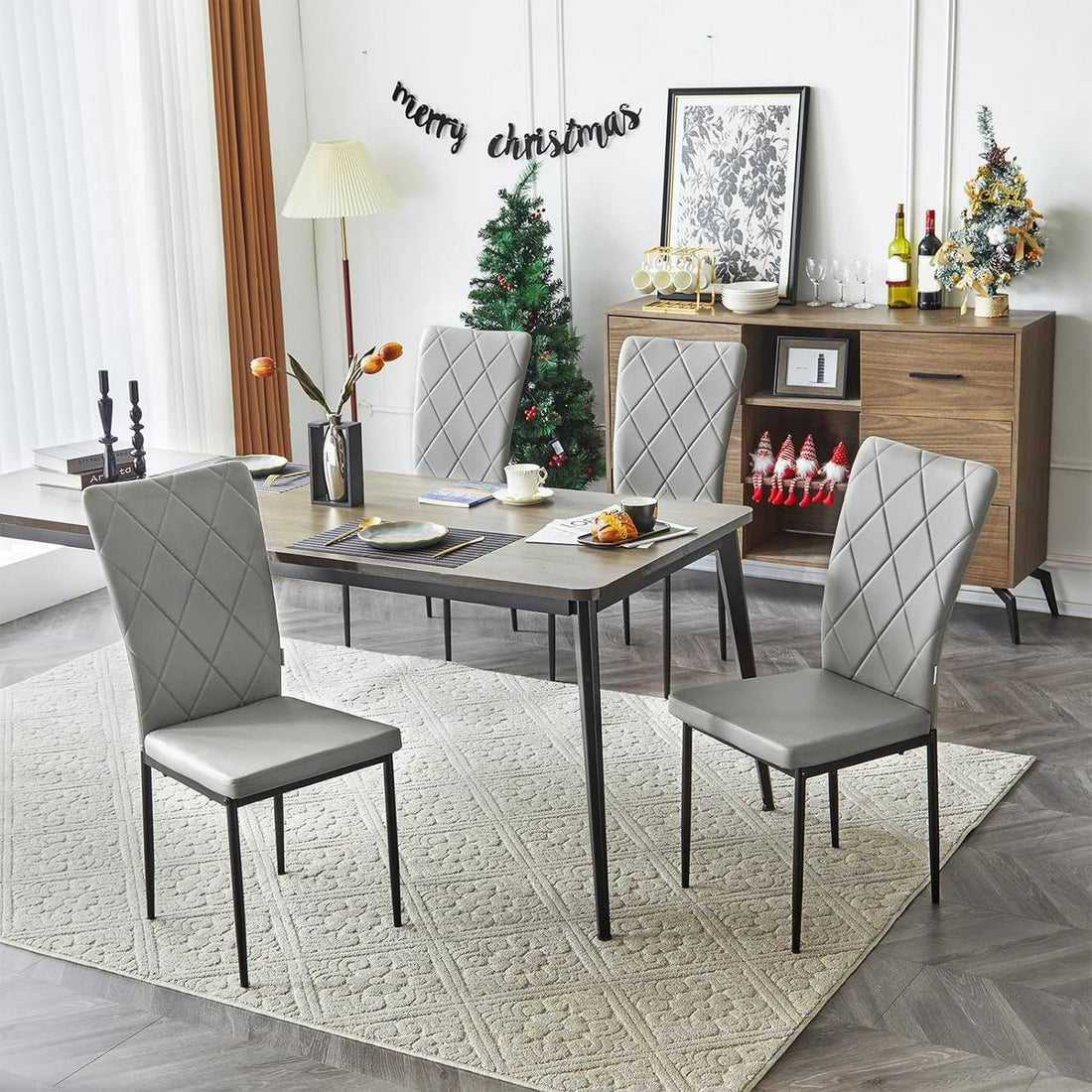 Matstolar 4-delat set i konstläder med hög rygg | Grå | 42x59x94.5 cm