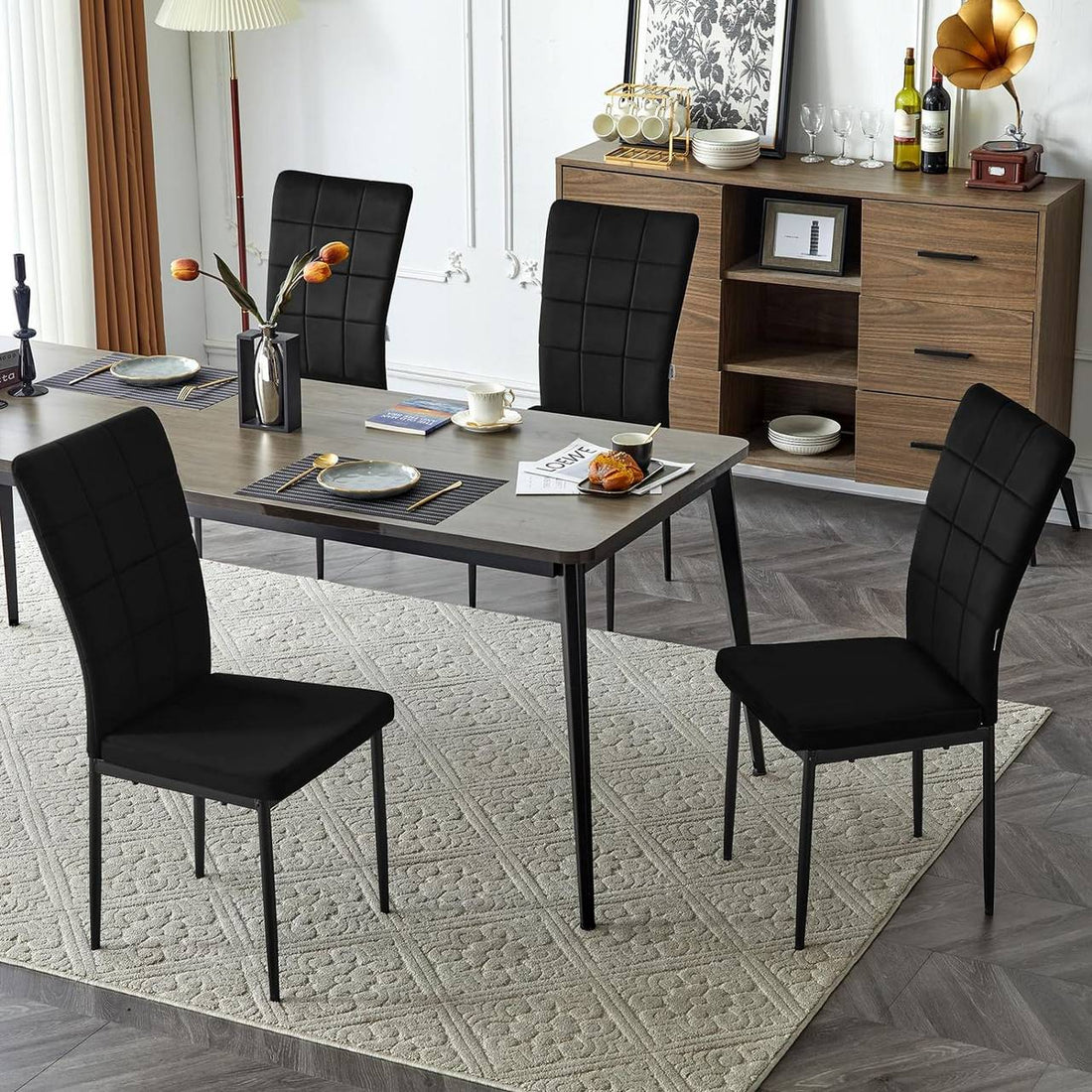 Matstolar 4-delat set, sammet, högt ryggstöd | Svart | 42,5x57,5x96,5 cm