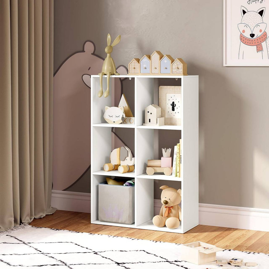 Bokhylla med 3 hyllplan och 6 fack med tippskydd | Vit | 71x29x106 cm