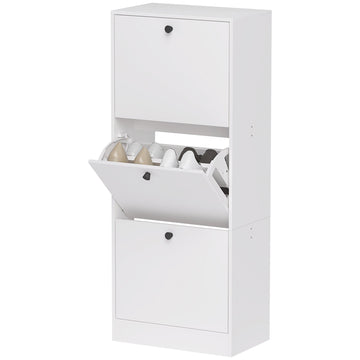 Schoenenkast met 3 klepcompartimenten | Kleur: Wit | Afmetingen: 47x28x115 cm