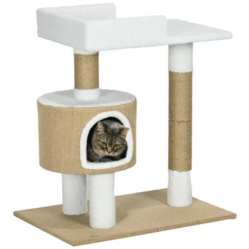Kattenboom met kattenhuis en krabpaal | Kleur: Bruin+Wit | Afmetingen: 49x70x79 cm