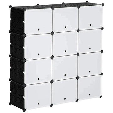 Modulaire schoenenkast met 12 vakken | Kleur: Zwart+Wit | Afmetingen: 32x125x125 cm