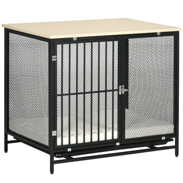 Hondenbench met mat en lade | Kleur: Eiken+Zwart | Afmetingen: 80x55x71 cm