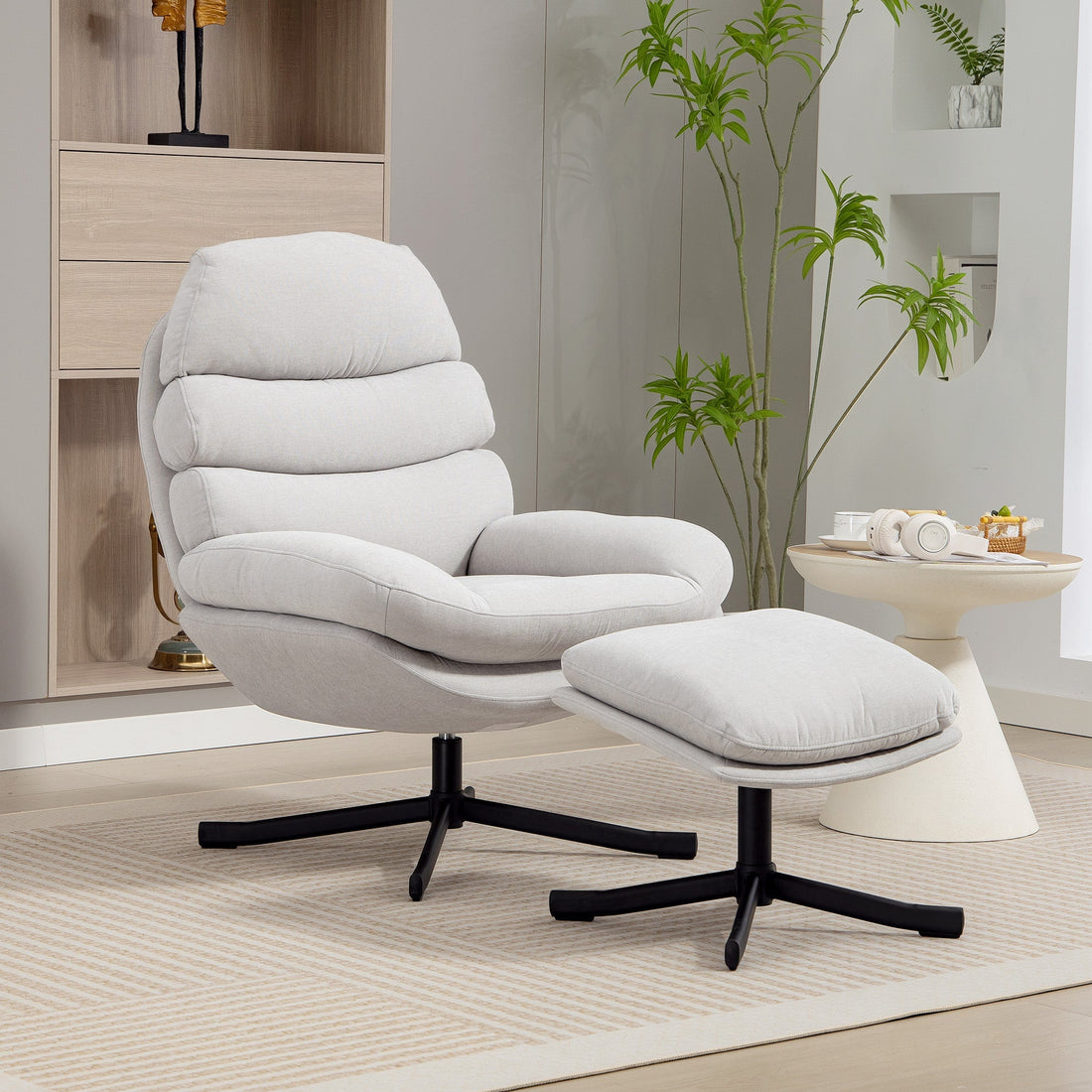 Relax-Sessel mit Hocker – Chenille | Farbe: Weiß | Abmessungen: 78x93x100 cm
