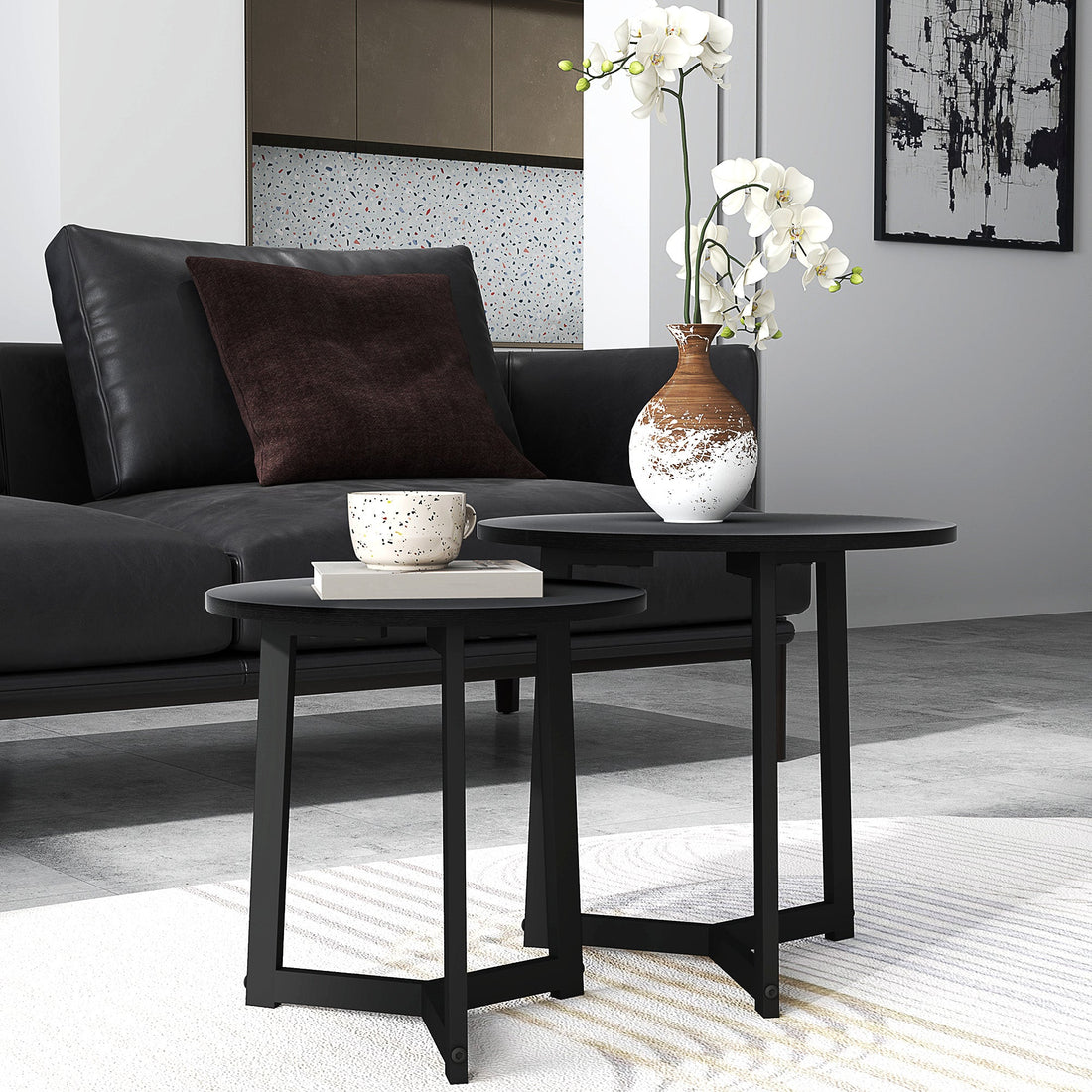Rund soffbordsset om 2 - Svarta sidobord | Färg: Svart | Mått: 48x48x45 cm