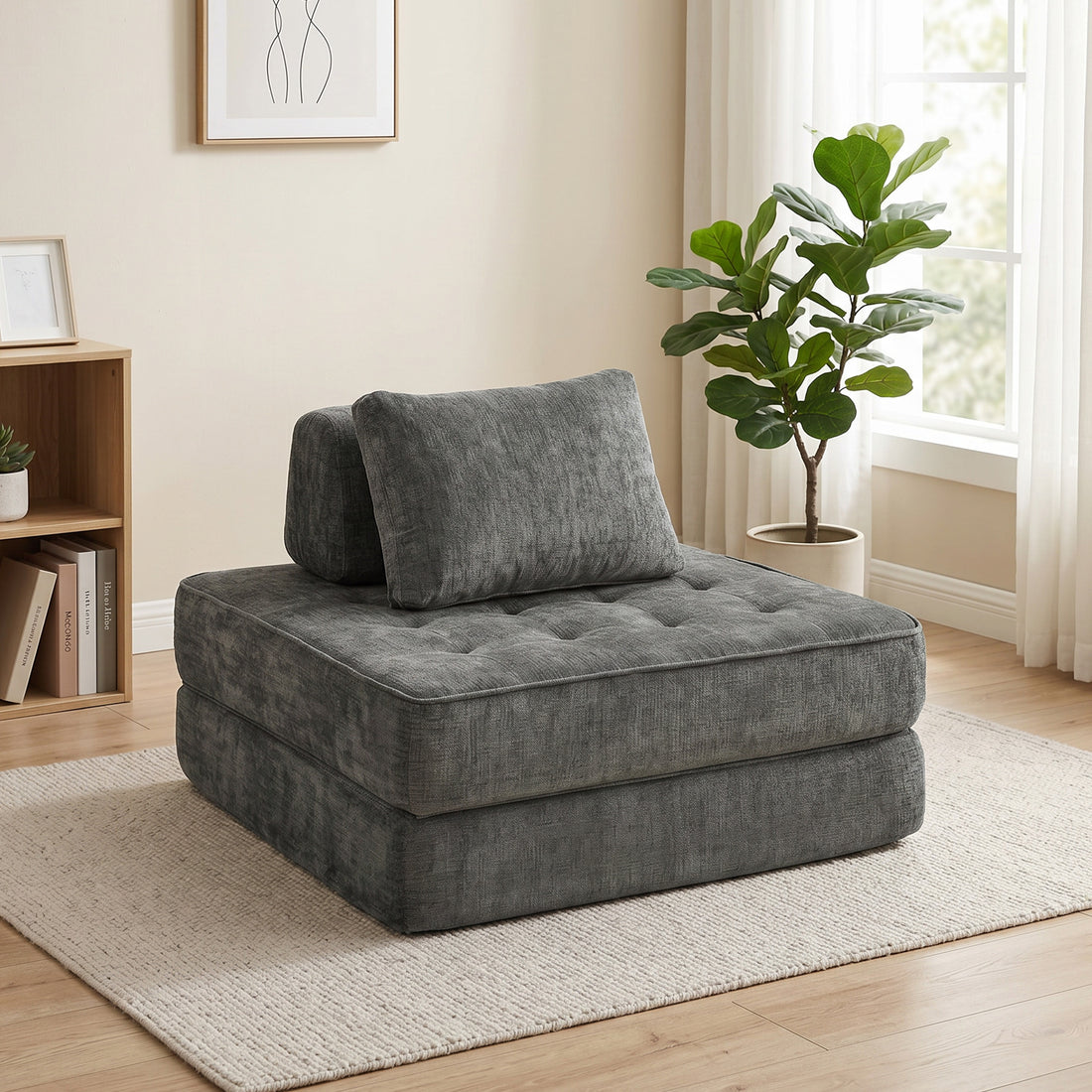 2-in-1 Schlafsofa – Chenille Bodensessel | Farbe: Grau | Abmessungen: 97x97x70 cm
