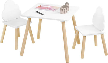 Vierkante kindertafel met 2 stoelen en massief houten poten | Wit + lichte eik | 50x50x44 cm