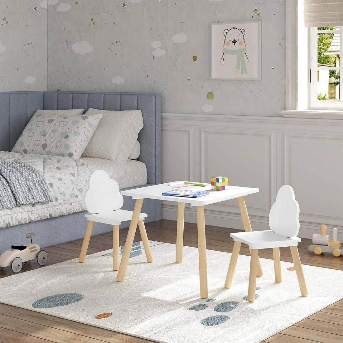 Vierkante kindertafel met 2 stoelen en massief houten poten | Wit + lichte eik | 50x50x44 cm