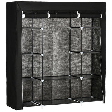 Stoffen kledingkast met 10 vakken en kledingroede | Kleur: Zwart | Afmetingen: 150x43x162.5 cm