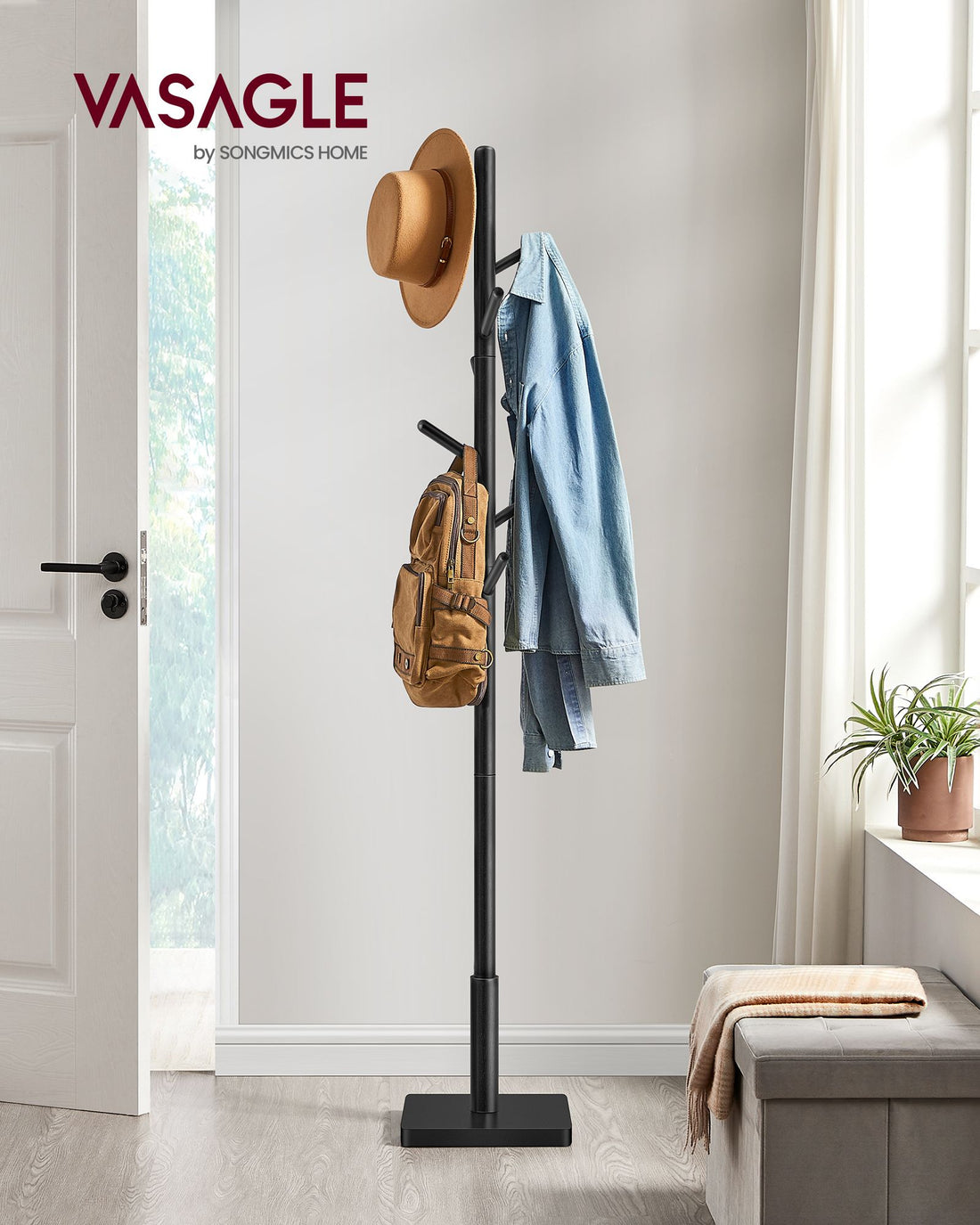 Garderobenständer - Kleiderständer - Flur-Organizer - Kautschukholz & MDF - Robust - 30 x 30 x 175 cm - Tintenschwarz