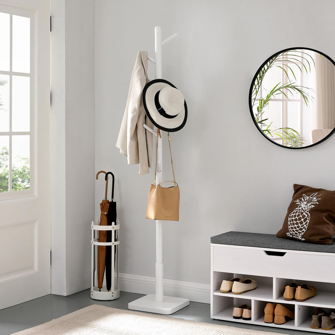 Vit klädhängare - modern - hallorganisatör - krokar i gummiträ - MDF - 30 x 30 x 175 cm